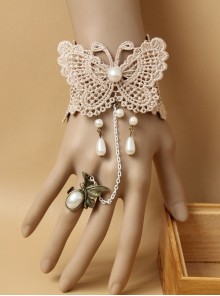 Fashion Exquisite Baroque Retro Butterfly White Lace Pearl With Ring Bracelet