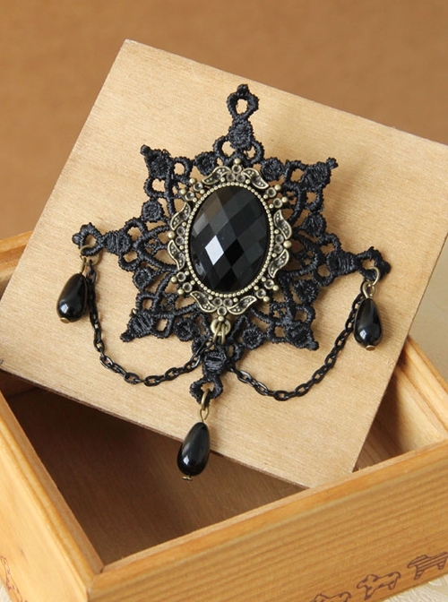 Christmas Retro Fashion Gothic Black Lace Pearl Snowflake Gem Brooch