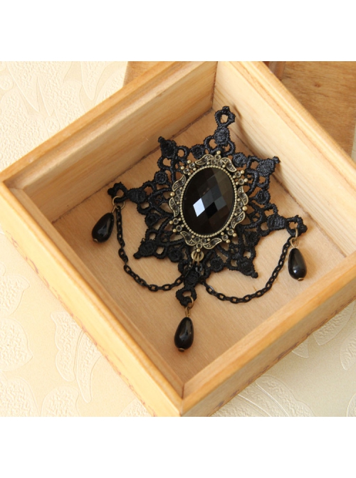 Christmas Retro Fashion Gothic Black Lace Pearl Snowflake Gem Brooch