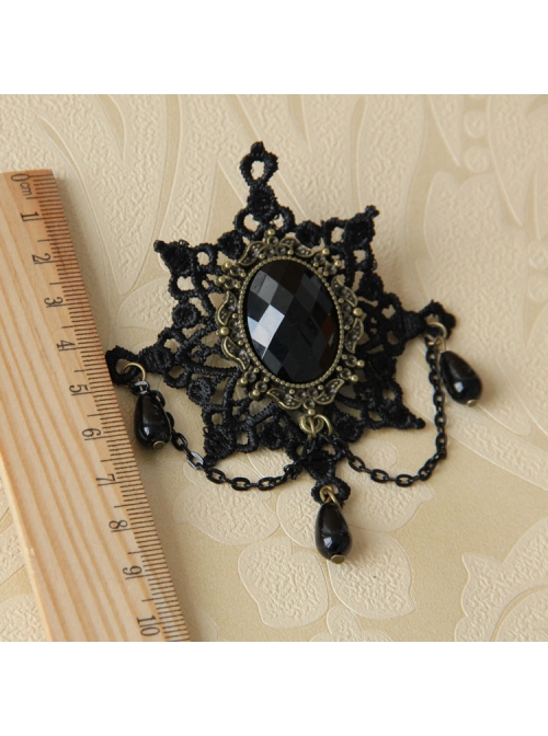 Christmas Retro Fashion Gothic Black Lace Pearl Snowflake Gem Brooch