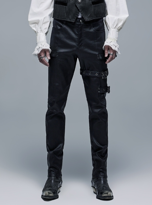 Metal Buckle Leg Loops Black Punk Imitation Woven Pants