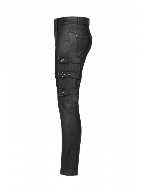 Metal Buckle Leg Loops Black Punk Imitation Woven Pants