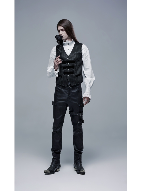 Metal Buckle Leg Loops Black Punk Imitation Woven Pants