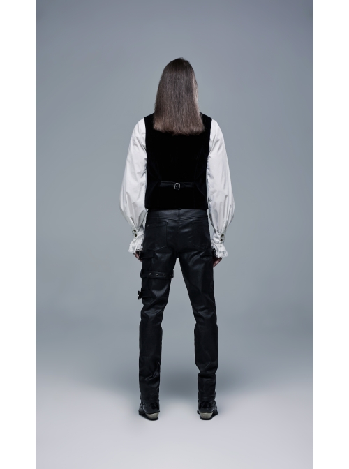 Metal Buckle Leg Loops Black Punk Imitation Woven Pants