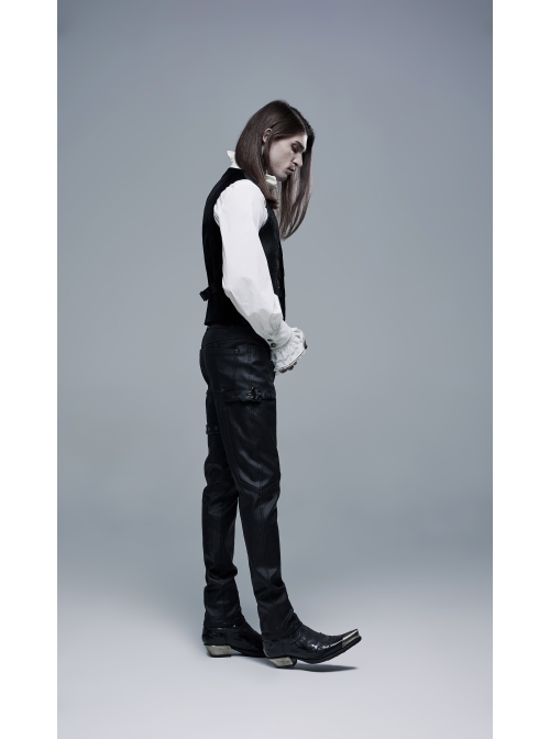 Metal Buckle Leg Loops Black Punk Imitation Woven Pants