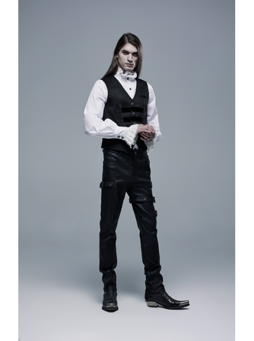 Metal Buckle Leg Loops Black Punk Imitation Woven Pants