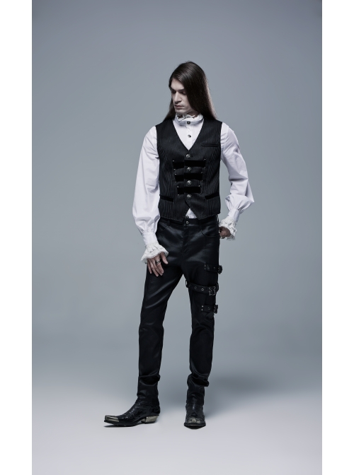 Metal Buckle Leg Loops Black Punk Imitation Woven Pants