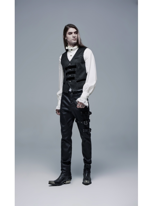 Metal Buckle Leg Loops Black Punk Imitation Woven Pants