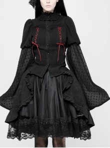 High Collar Front Chest Ribbon Flounce Decoration Flare Sleeve Back Waist Lace-Up Black Gothic Blouse