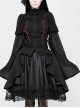 High Collar Front Chest Ribbon Flounce Decoration Flare Sleeve Back Waist Lace-Up Black Gothic Blouse