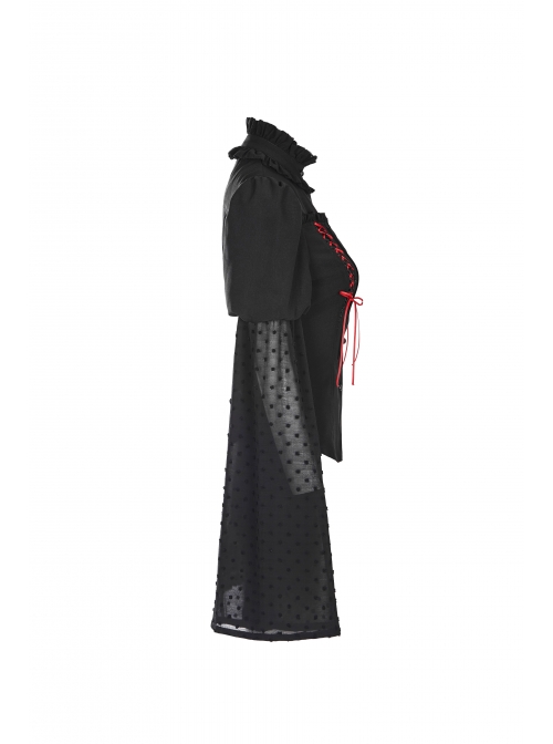 High Collar Front Chest Ribbon Flounce Decoration Flare Sleeve Back Waist Lace-Up Black Gothic Blouse