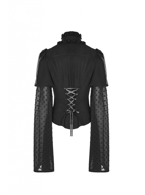 High Collar Front Chest Ribbon Flounce Decoration Flare Sleeve Back Waist Lace-Up Black Gothic Blouse