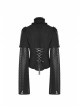 High Collar Front Chest Ribbon Flounce Decoration Flare Sleeve Back Waist Lace-Up Black Gothic Blouse