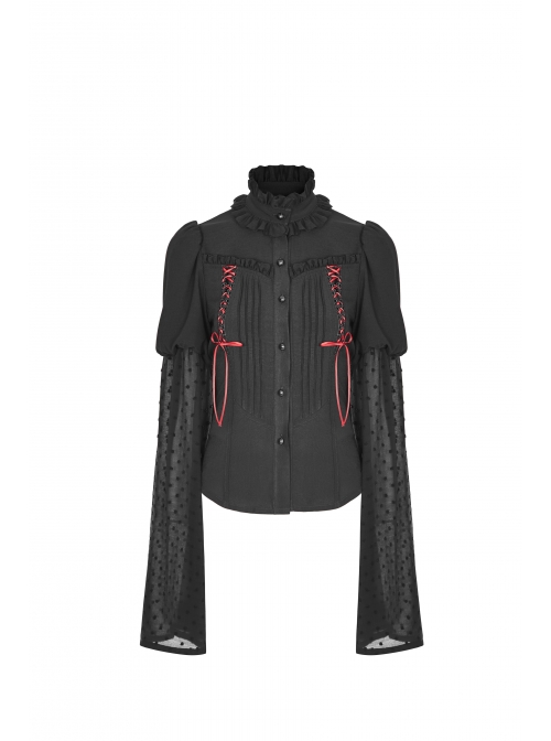 High Collar Front Chest Ribbon Flounce Decoration Flare Sleeve Back Waist Lace-Up Black Gothic Blouse