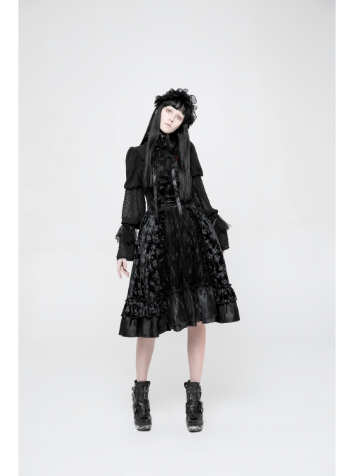 High Collar Front Chest Ribbon Flounce Decoration Flare Sleeve Back Waist Lace-Up Black Gothic Blouse