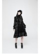 High Collar Front Chest Ribbon Flounce Decoration Flare Sleeve Back Waist Lace-Up Black Gothic Blouse