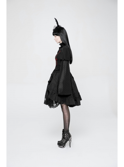 High Collar Front Chest Ribbon Flounce Decoration Flare Sleeve Back Waist Lace-Up Black Gothic Blouse
