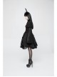 High Collar Front Chest Ribbon Flounce Decoration Flare Sleeve Back Waist Lace-Up Black Gothic Blouse