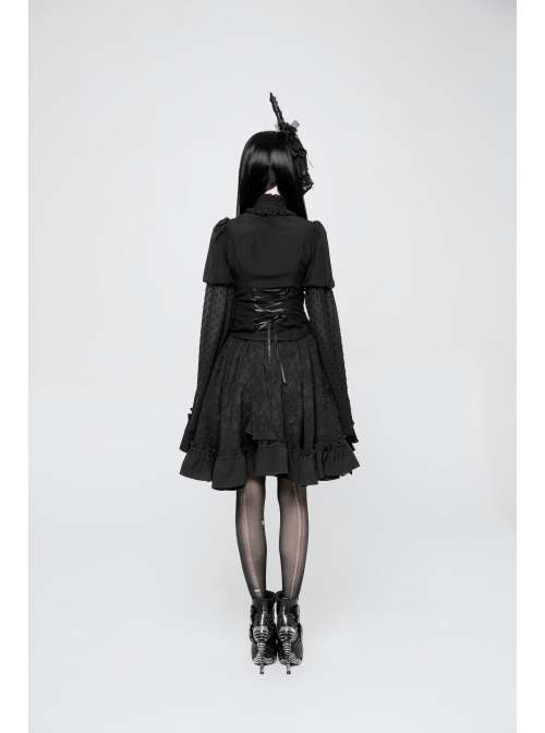 High Collar Front Chest Ribbon Flounce Decoration Flare Sleeve Back Waist Lace-Up Black Gothic Blouse