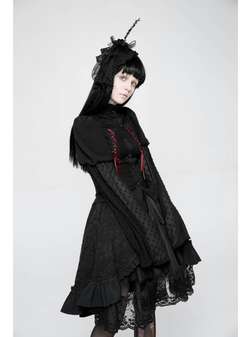 High Collar Front Chest Ribbon Flounce Decoration Flare Sleeve Back Waist Lace-Up Black Gothic Blouse