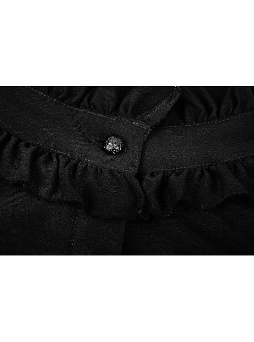 High Collar Front Chest Ribbon Flounce Decoration Flare Sleeve Back Waist Lace-Up Black Gothic Blouse