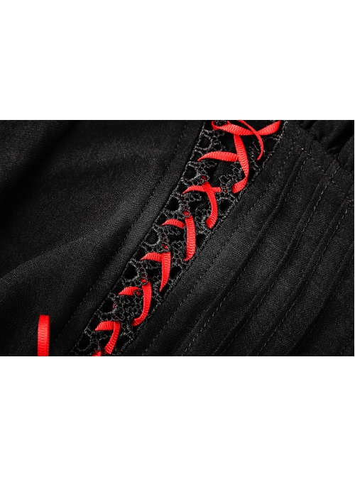 High Collar Front Chest Ribbon Flounce Decoration Flare Sleeve Back Waist Lace-Up Black Gothic Blouse