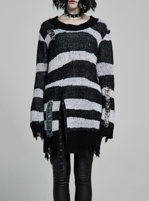 Black Punk Metal Eyelets Strap Long Sleeve Rough Selvage Striped Sweater