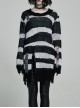 Black Punk Metal Eyelets Strap Long Sleeve Rough Selvage Striped Sweater
