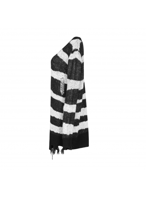 Black Punk Metal Eyelets Strap Long Sleeve Rough Selvage Striped Sweater
