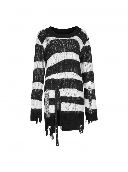 Black Punk Metal Eyelets Strap Long Sleeve Rough Selvage Striped Sweater