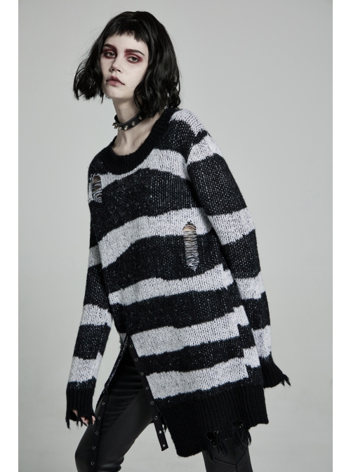 Black Punk Metal Eyelets Strap Long Sleeve Rough Selvage Striped Sweater