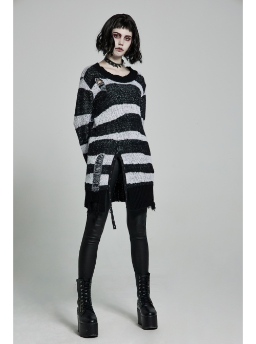 Black Punk Metal Eyelets Strap Long Sleeve Rough Selvage Striped Sweater