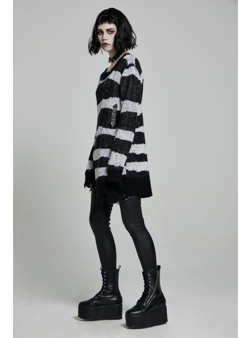 Black Punk Metal Eyelets Strap Long Sleeve Rough Selvage Striped Sweater