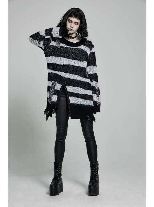 Black Punk Metal Eyelets Strap Long Sleeve Rough Selvage Striped Sweater