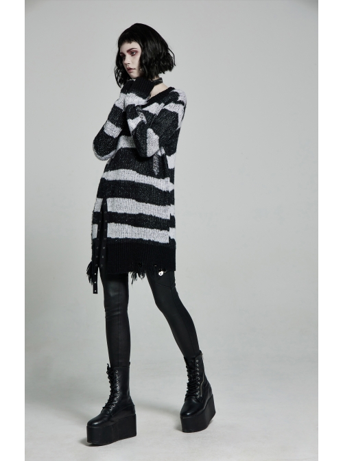 Black Punk Metal Eyelets Strap Long Sleeve Rough Selvage Striped Sweater