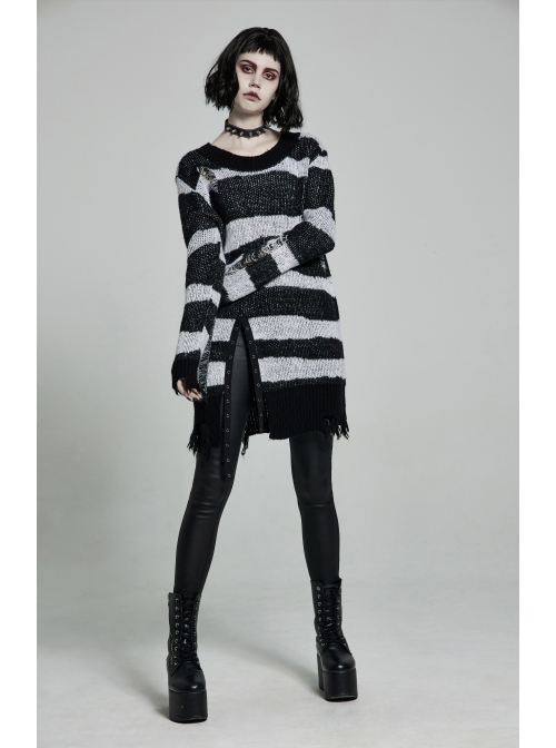 Black Punk Metal Eyelets Strap Long Sleeve Rough Selvage Striped Sweater
