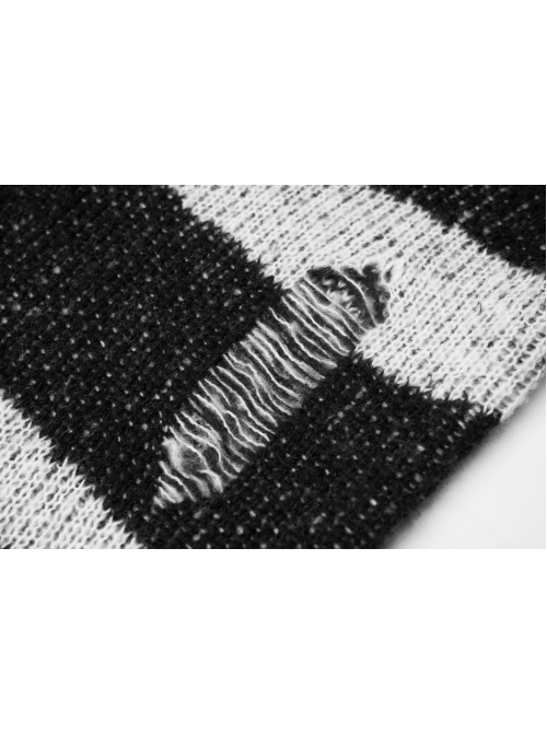 Black Punk Metal Eyelets Strap Long Sleeve Rough Selvage Striped Sweater