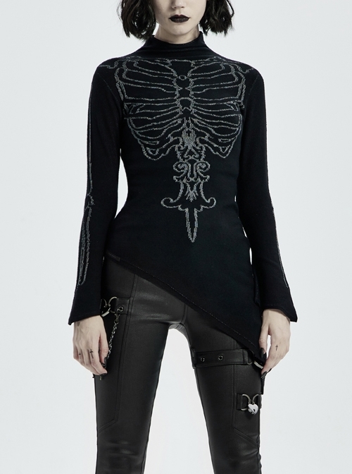 High Collar Front Bone Pattern Print Flare Cuff Hem Bevel Black Punk Sweater