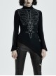 High Collar Front Bone Pattern Print Flare Cuff Hem Bevel Black Punk Sweater