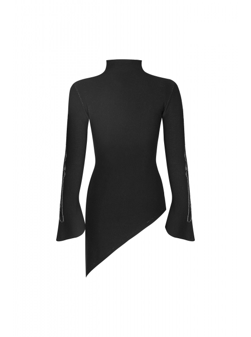 High Collar Front Bone Pattern Print Flare Cuff Hem Bevel Black Punk Sweater
