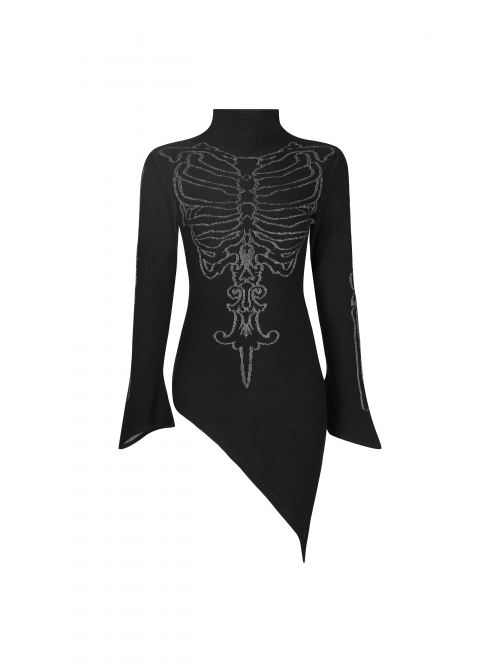 High Collar Front Bone Pattern Print Flare Cuff Hem Bevel Black Punk Sweater