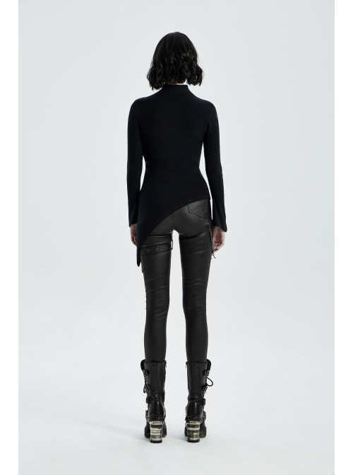 High Collar Front Bone Pattern Print Flare Cuff Hem Bevel Black Punk Sweater