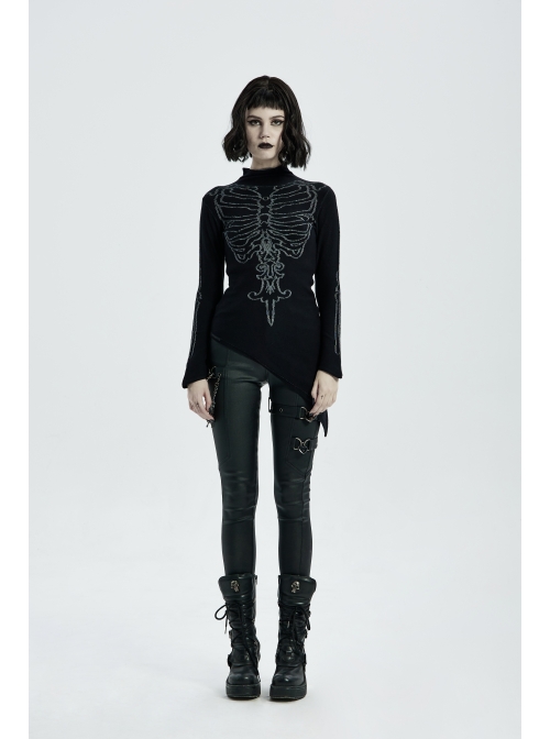High Collar Front Bone Pattern Print Flare Cuff Hem Bevel Black Punk Sweater