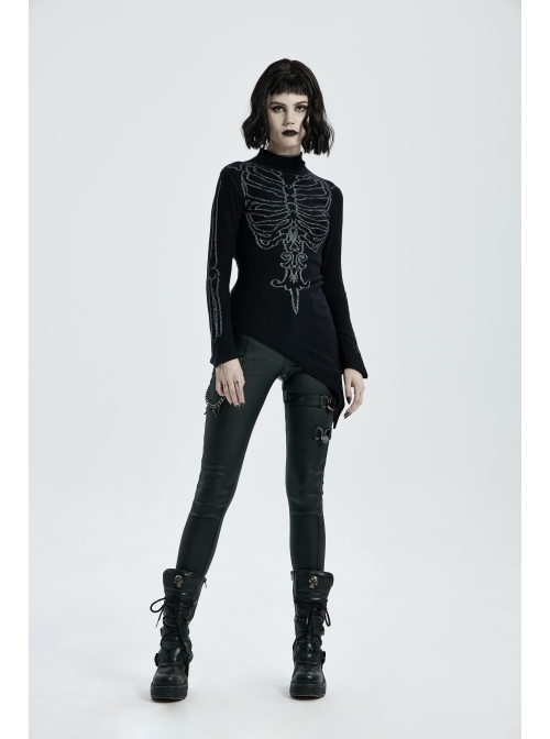 High Collar Front Bone Pattern Print Flare Cuff Hem Bevel Black Punk Sweater