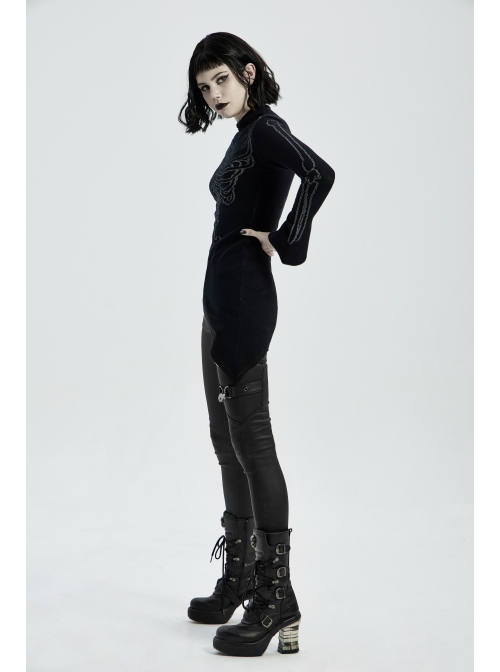 High Collar Front Bone Pattern Print Flare Cuff Hem Bevel Black Punk Sweater