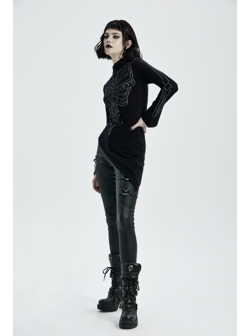 High Collar Front Bone Pattern Print Flare Cuff Hem Bevel Black Punk Sweater
