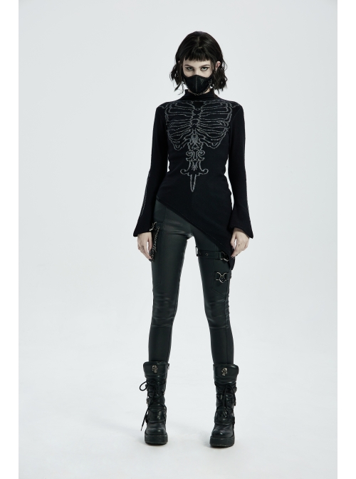 High Collar Front Bone Pattern Print Flare Cuff Hem Bevel Black Punk Sweater
