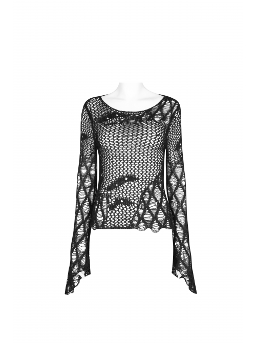 Black Punk Flare Sleeve Irregular Woven Hollow Short Sweater