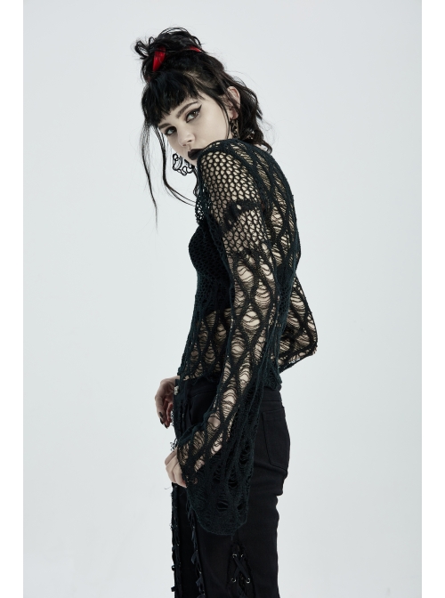 Black Punk Flare Sleeve Irregular Woven Hollow Short Sweater
