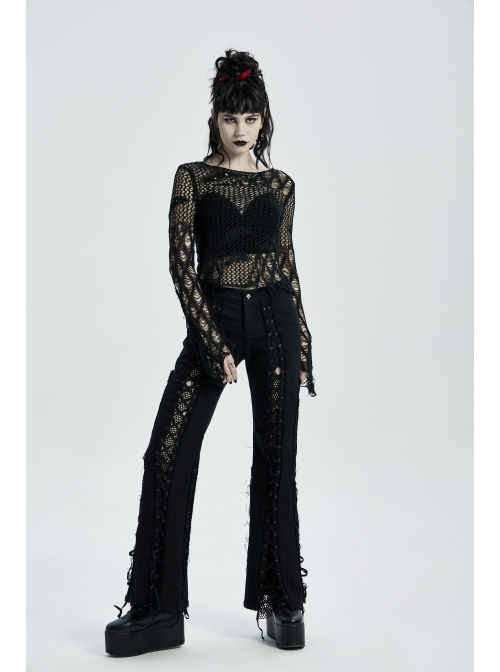 Black Punk Flare Sleeve Irregular Woven Hollow Short Sweater